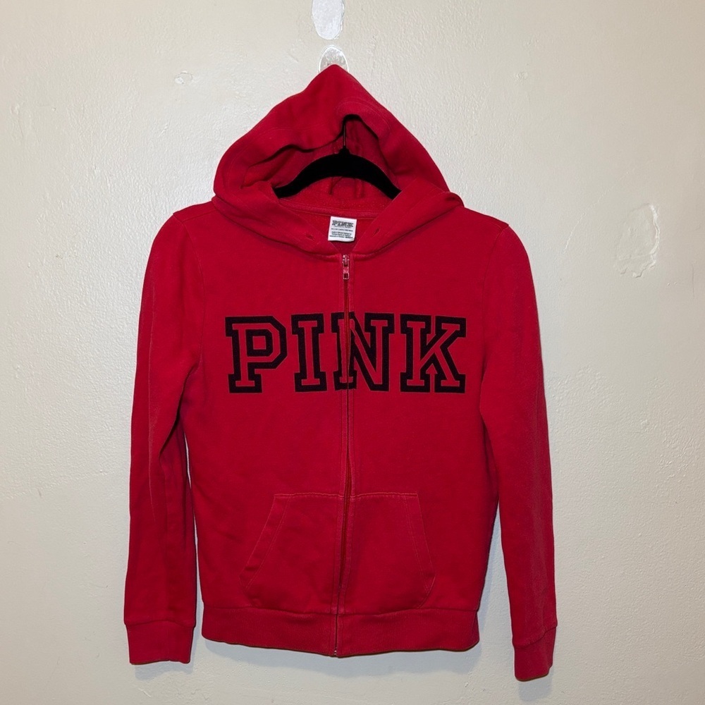 PINK Victoria's Secret Red Full-Zip Hoodie with Black Logo
